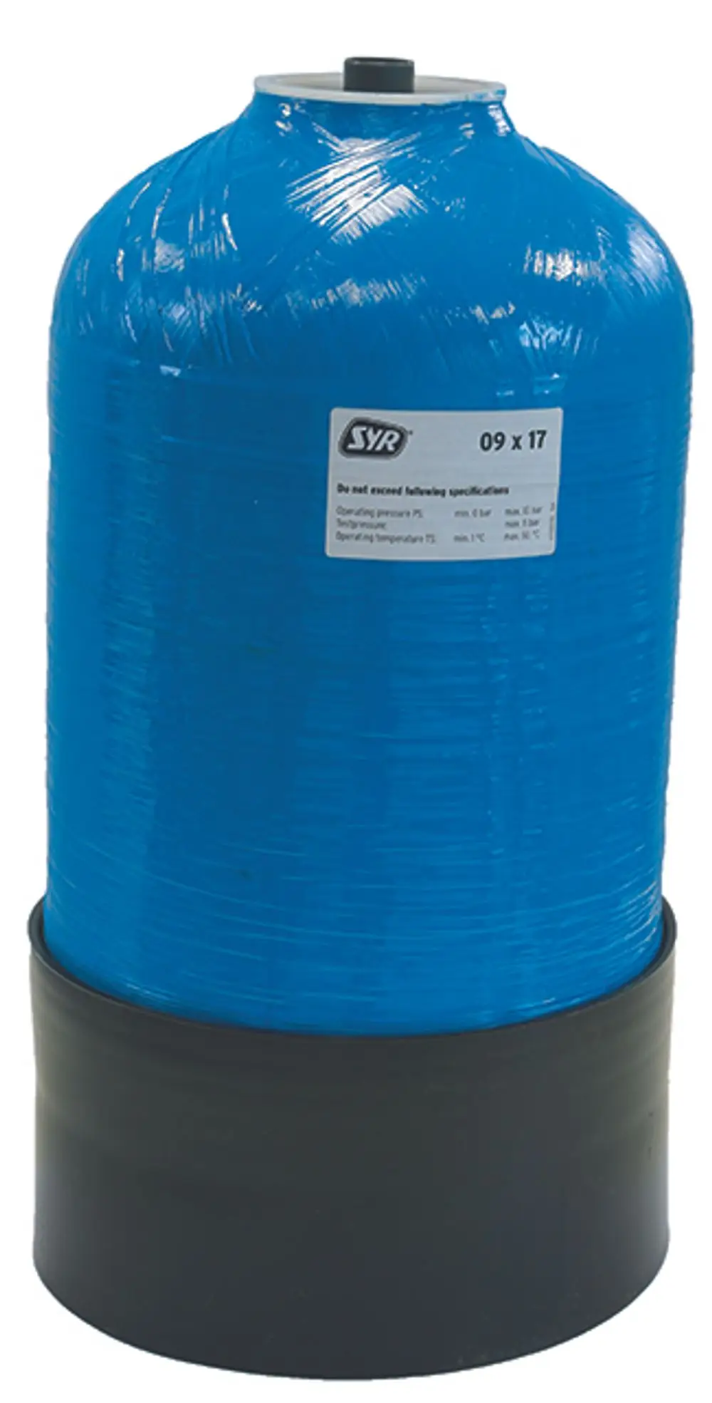 Blauer Behälter mit schwarzem Standfuß, gekennzeichnet mit Angaben zur maximalen Druck- und Temperaturbelastung, anzuwenden für Produkte der Marke Syr.